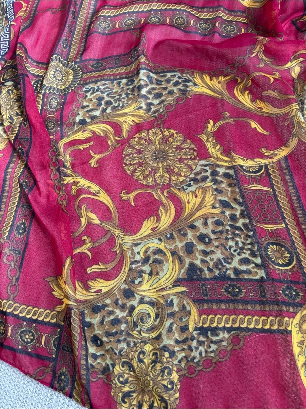 Luxurious Red & Gold Baroque-Print Women's Scarf Wrap 43”x70”